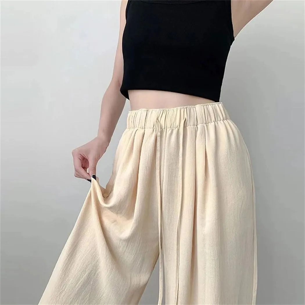 Womens Japanese Ice Silk Wide Leg Pants High Waist Straight Draped Anti-Wrinkle Summer Casual Trousers