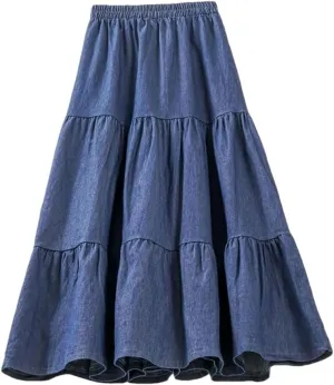 Women's Jeans Skirt Midi High Waist Vintage A Line Patchwork Layered Denim Skirts