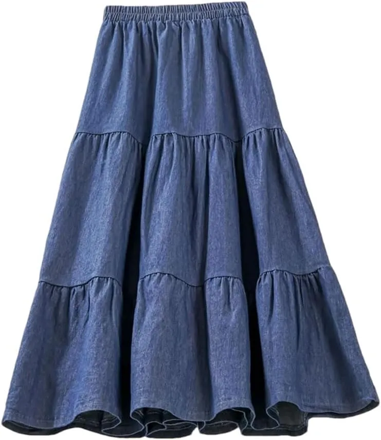 Women's Jeans Skirt Midi High Waist Vintage A Line Patchwork Layered Denim Skirts