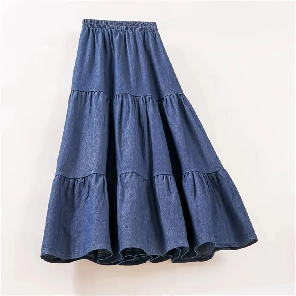 Women's Jeans Skirt Midi High Waist Vintage A Line Patchwork Layered Denim Skirts