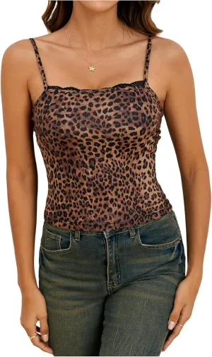 Women's Leopard Print Lace Trim Sexy Tank Top Spaghetti Strap Cami Square Neck Sleeveless Camisole