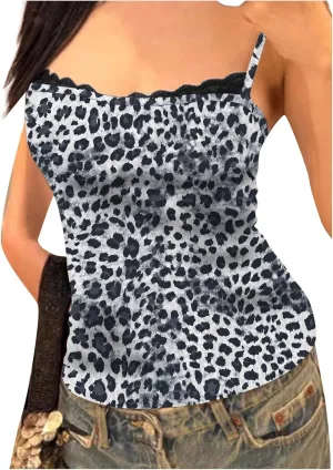 Women's Leopard Print Lace Trim Sexy Tank Top Spaghetti Strap Cami Square Neck Sleeveless Camisole
