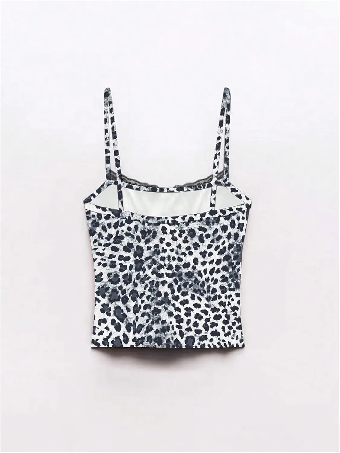 Women's Leopard Print Lace Trim Sexy Tank Top Spaghetti Strap Cami Square Neck Sleeveless Camisole