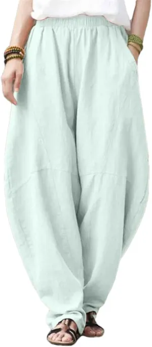 Womens Linen Harem Pants Elastic Waist Loose Fit Casual Solid Color Summer Harajuku Trousers