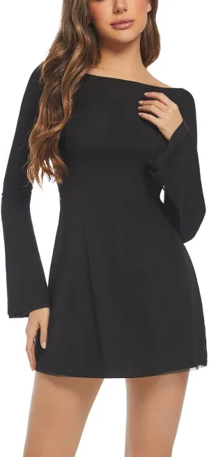 Women's Long Sleeve Dress Flare Mini Dresses Blackless Party Club Dress