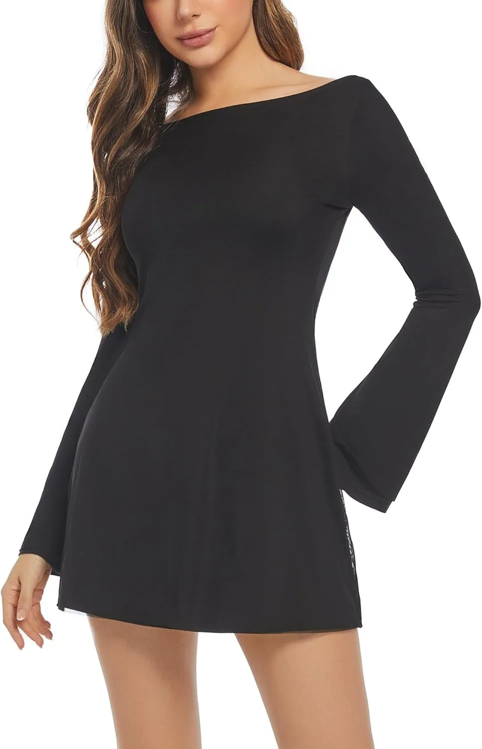 Women's Long Sleeve Dress Flare Mini Dresses Blackless Party Club Dress