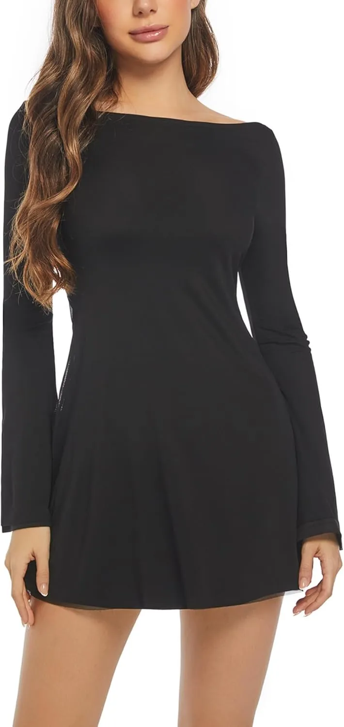 Women's Long Sleeve Dress Flare Mini Dresses Blackless Party Club Dress