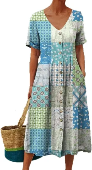 Womens Midi Dresses Summer Casual Floral Short Sleeve Button Down Dress V Neck Patchwork Tiered Sundress