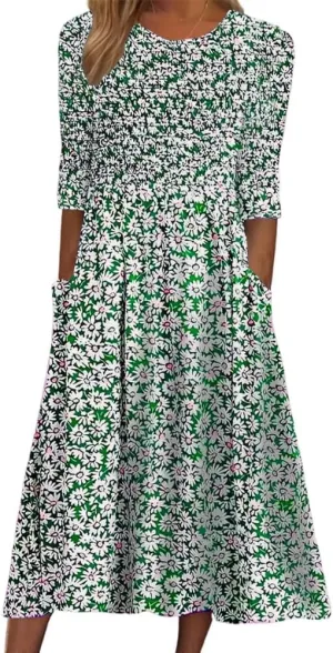 Womens Midi Dresses Summer Casual Floral Short Sleeve Dress Crewneck Ruched Aline Dress with Pockets