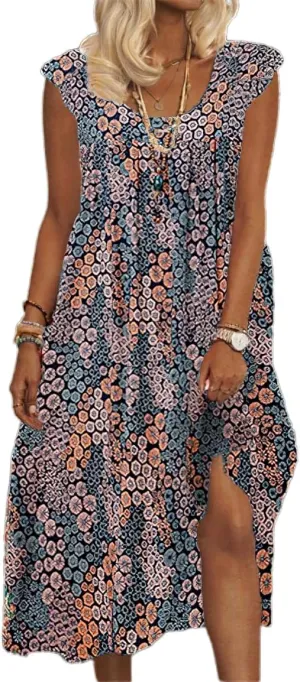 Women's Oversized Boho Disty Floral Sun Dresses Flowy Summer Casual Loose Sleeveless Midi Dress Sundress with Pockets