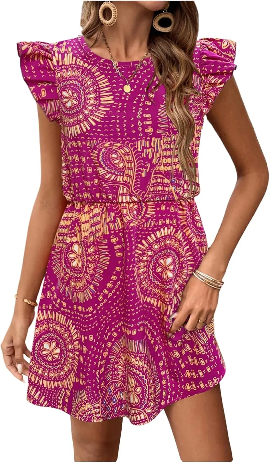 Women's Paisley Floral Ruffle Cap Sleeve Boho Dress Crew Neck Tie Back Vacation Summer Dresses