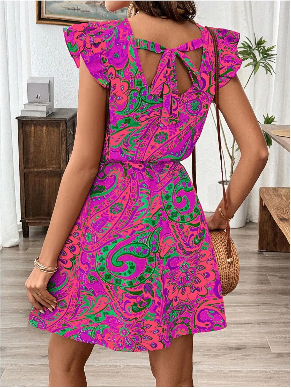 Women's Paisley Floral Ruffle Cap Sleeve Boho Dress Crew Neck Tie Back Vacation Summer Dresses