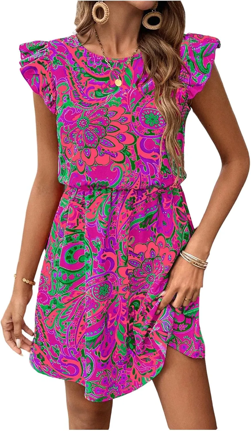 Women's Paisley Floral Ruffle Cap Sleeve Boho Dress Crew Neck Tie Back Vacation Summer Dresses
