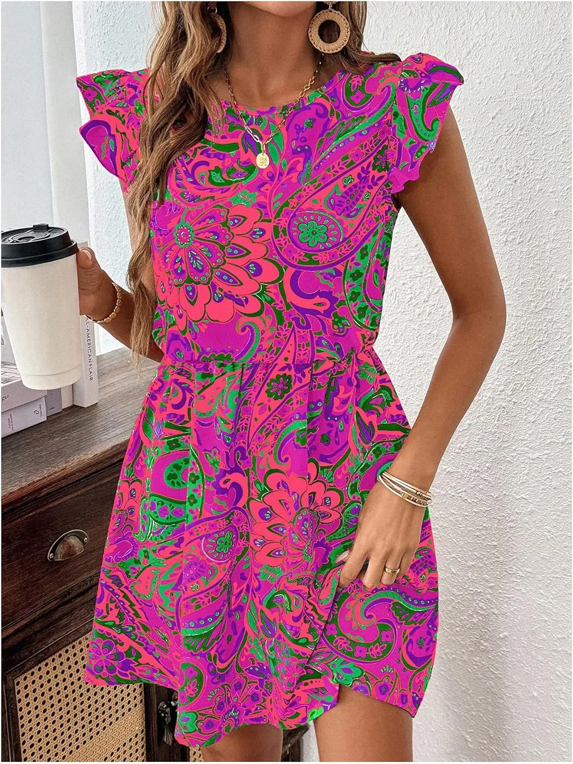 Women's Paisley Floral Ruffle Cap Sleeve Boho Dress Crew Neck Tie Back Vacation Summer Dresses