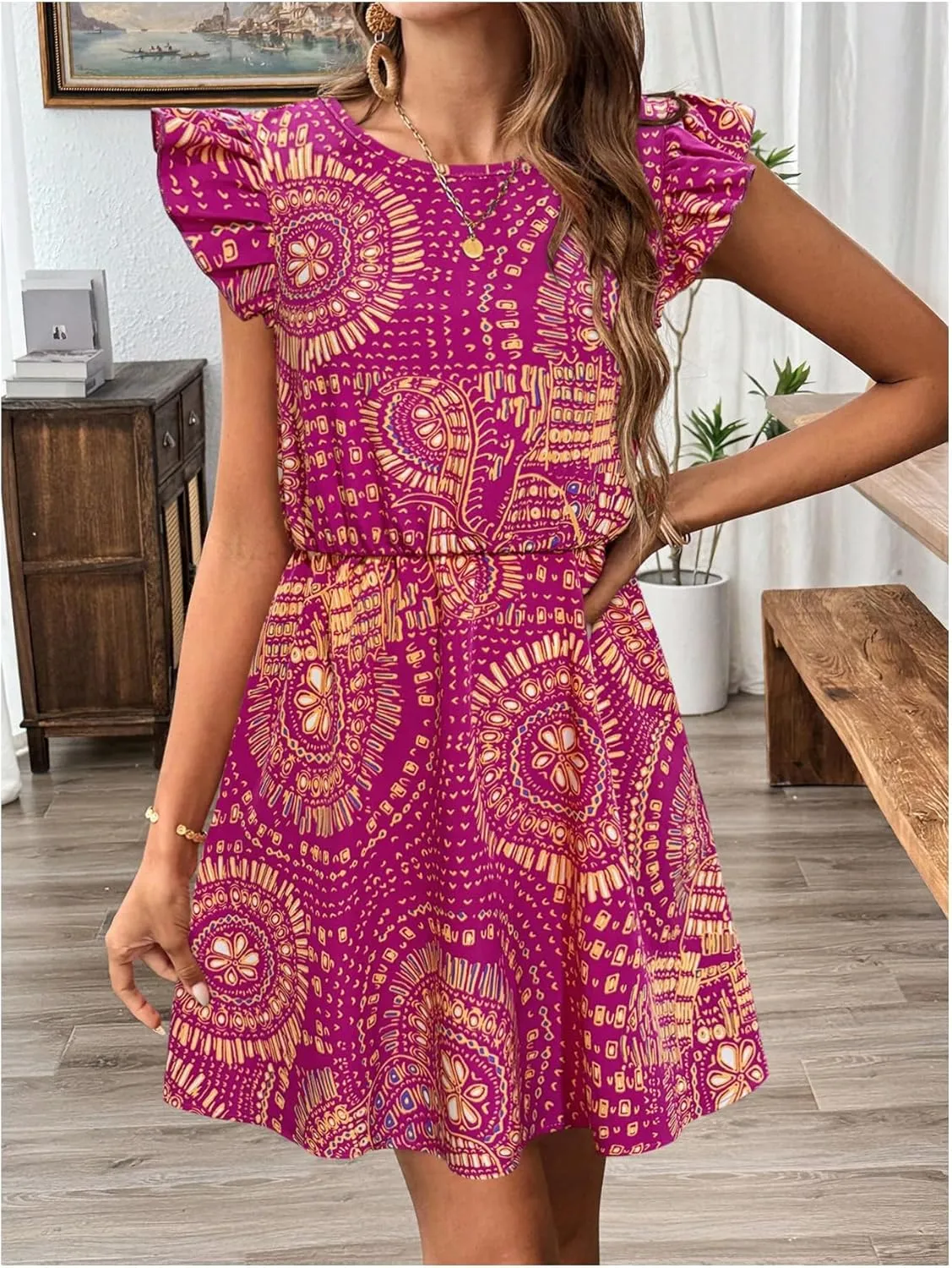 Women's Paisley Floral Ruffle Cap Sleeve Boho Dress Crew Neck Tie Back Vacation Summer Dresses