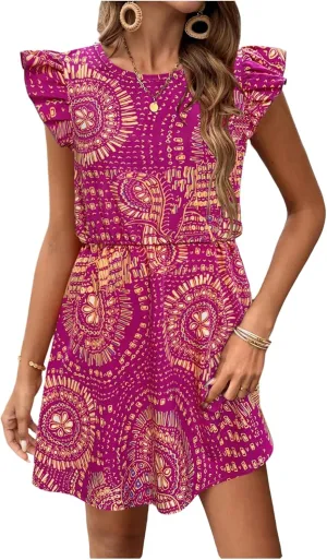 Women's Paisley Floral Ruffle Cap Sleeve Boho Dress Crew Neck Tie Back Vacation Summer Dresses