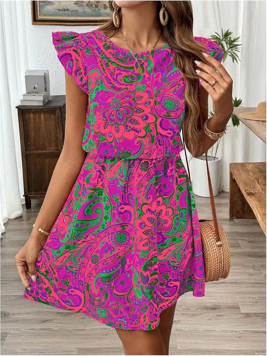 Women's Paisley Floral Ruffle Cap Sleeve Boho Dress Crew Neck Tie Back Vacation Summer Dresses