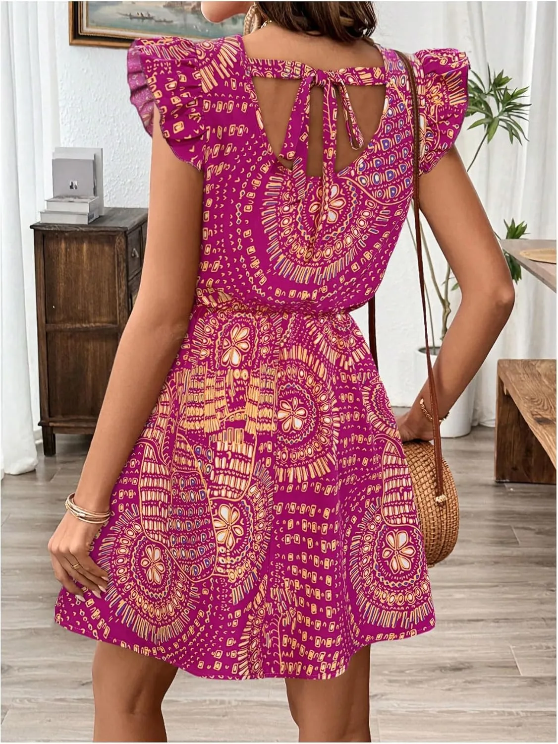 Women's Paisley Floral Ruffle Cap Sleeve Boho Dress Crew Neck Tie Back Vacation Summer Dresses