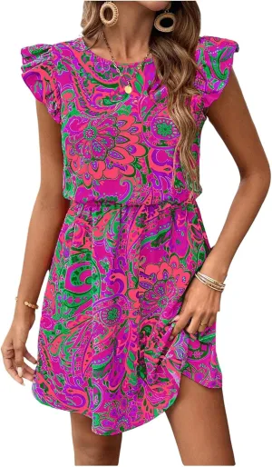 Women's Paisley Floral Ruffle Cap Sleeve Boho Dress Crew Neck Tie Back Vacation Summer Dresses