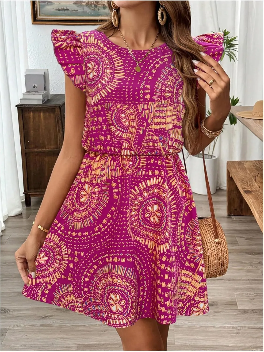 Women's Paisley Floral Ruffle Cap Sleeve Boho Dress Crew Neck Tie Back Vacation Summer Dresses