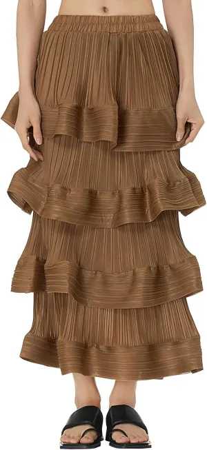 Women's Pleated High Waist Multilayer Ruffle Midi Skirts Fairy A-line Midi Skirts