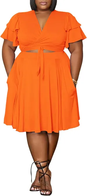 Womens Plus Size 2 Piece Dress Outfits Sexy Short Sleeve Bandage Wrap Empire Crop Tops and Swing Midi Sets
