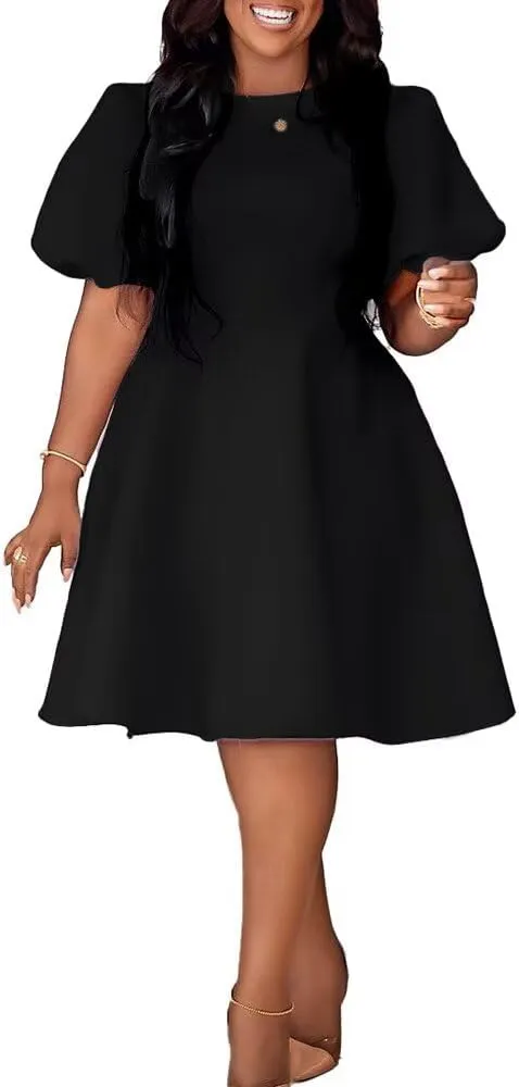 Womens Plus Size Stretchy A Line Summer Dresses Sweetheart Neck Puff Short Sleeve Tie Swing A Line Midi Dress