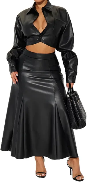 Womens PU Leather Outfits Long Sleeve Lapel Sexy Shirt Top Maxi Skirt Going Out Casual Set