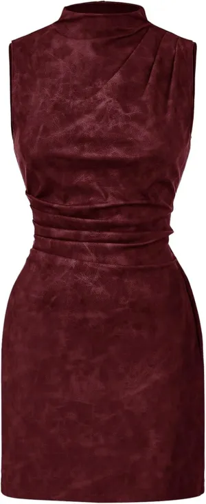 Women's PU Leather Ruched Bodycon Dresses Mock Neck Sleeveless Zipper Mini Tank Dress