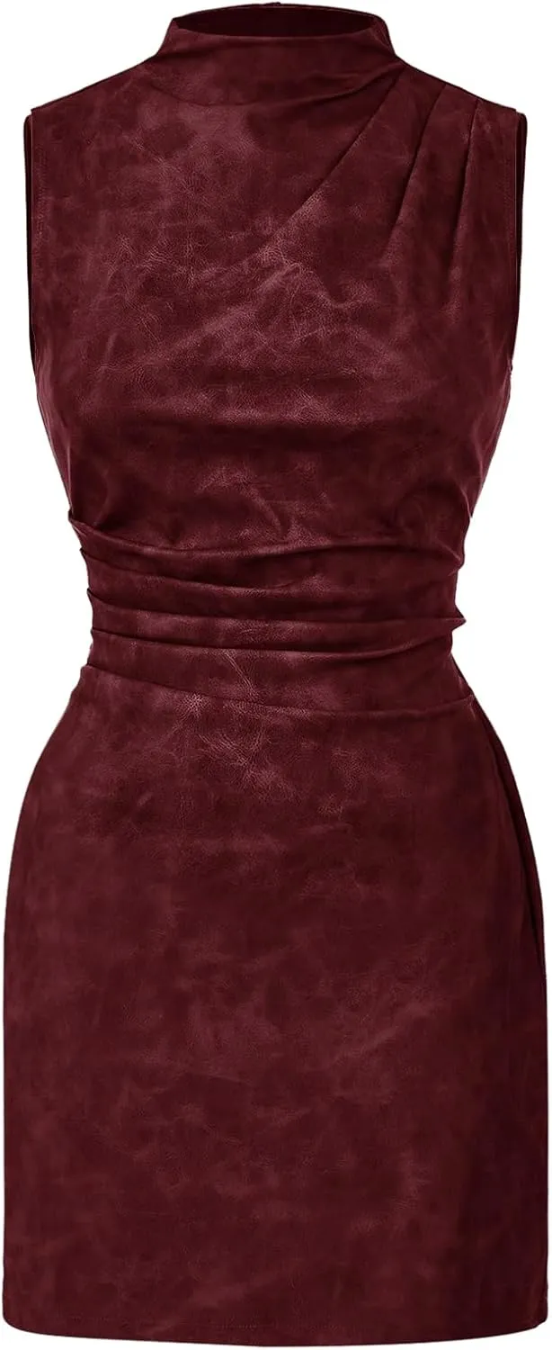Women's PU Leather Ruched Bodycon Dresses Mock Neck Sleeveless Zipper Mini Tank Dress