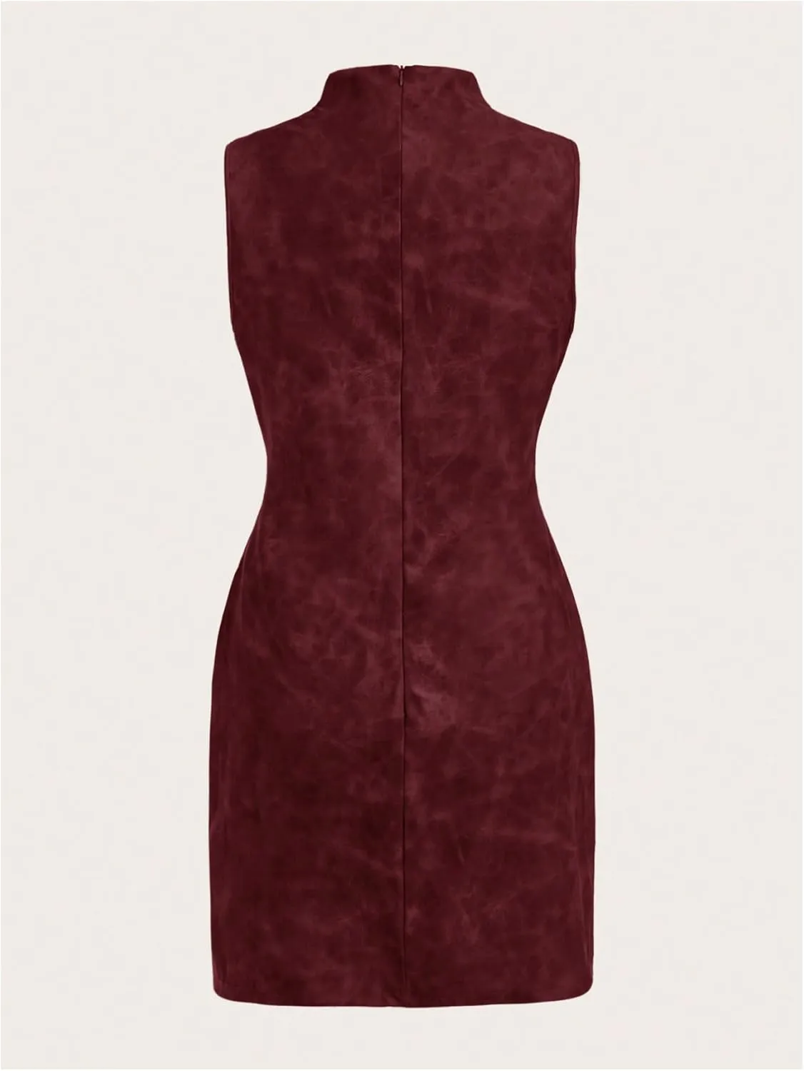 Women's PU Leather Ruched Bodycon Dresses Mock Neck Sleeveless Zipper Mini Tank Dress