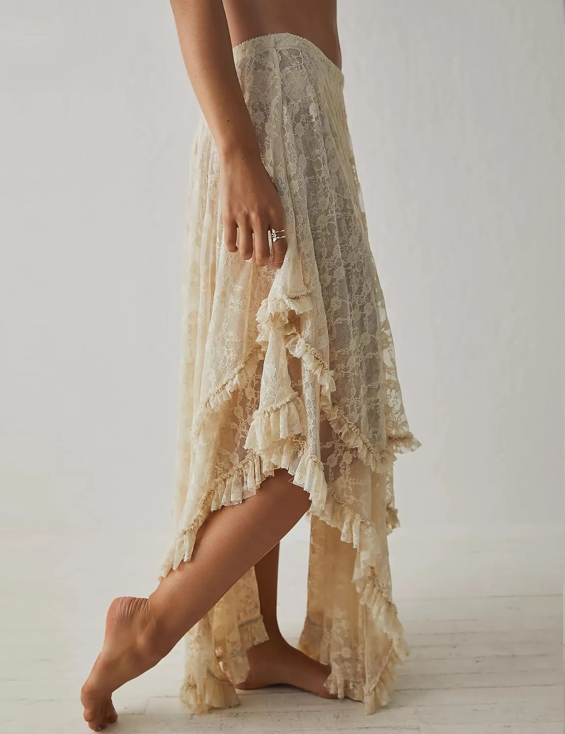 Women's Sexy Asymmetrical Lace Long Skirts Summer Elastic Layered Hem Skirt See-Through Beach Floral Half Slip
