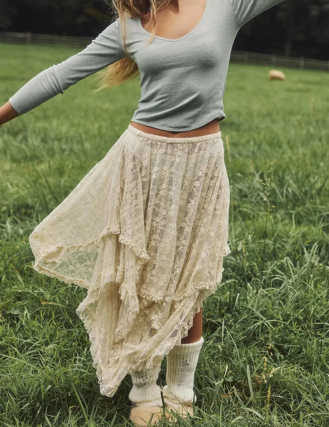 Women's Sexy Asymmetrical Lace Long Skirts Summer Elastic Layered Hem Skirt See-Through Beach Floral Half Slip