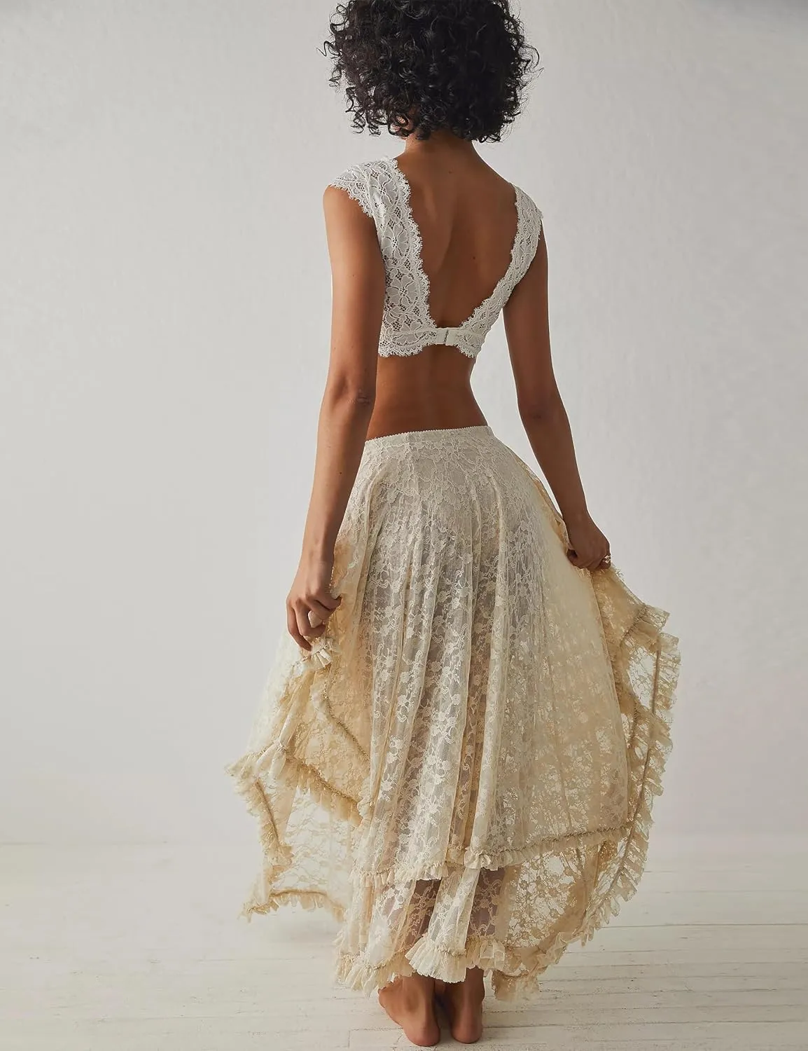 Women's Sexy Asymmetrical Lace Long Skirts Summer Elastic Layered Hem Skirt See-Through Beach Floral Half Slip
