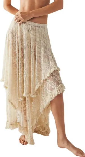 Women's Sexy Asymmetrical Lace Long Skirts Summer Elastic Layered Hem Skirt See-Through Beach Floral Half Slip