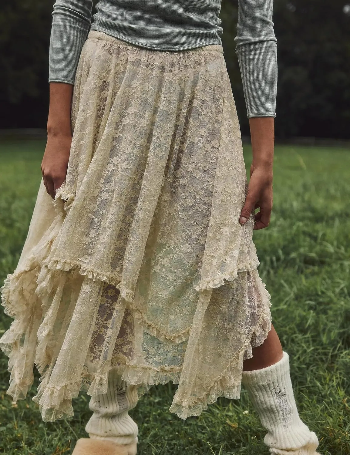 Women's Sexy Asymmetrical Lace Long Skirts Summer Elastic Layered Hem Skirt See-Through Beach Floral Half Slip