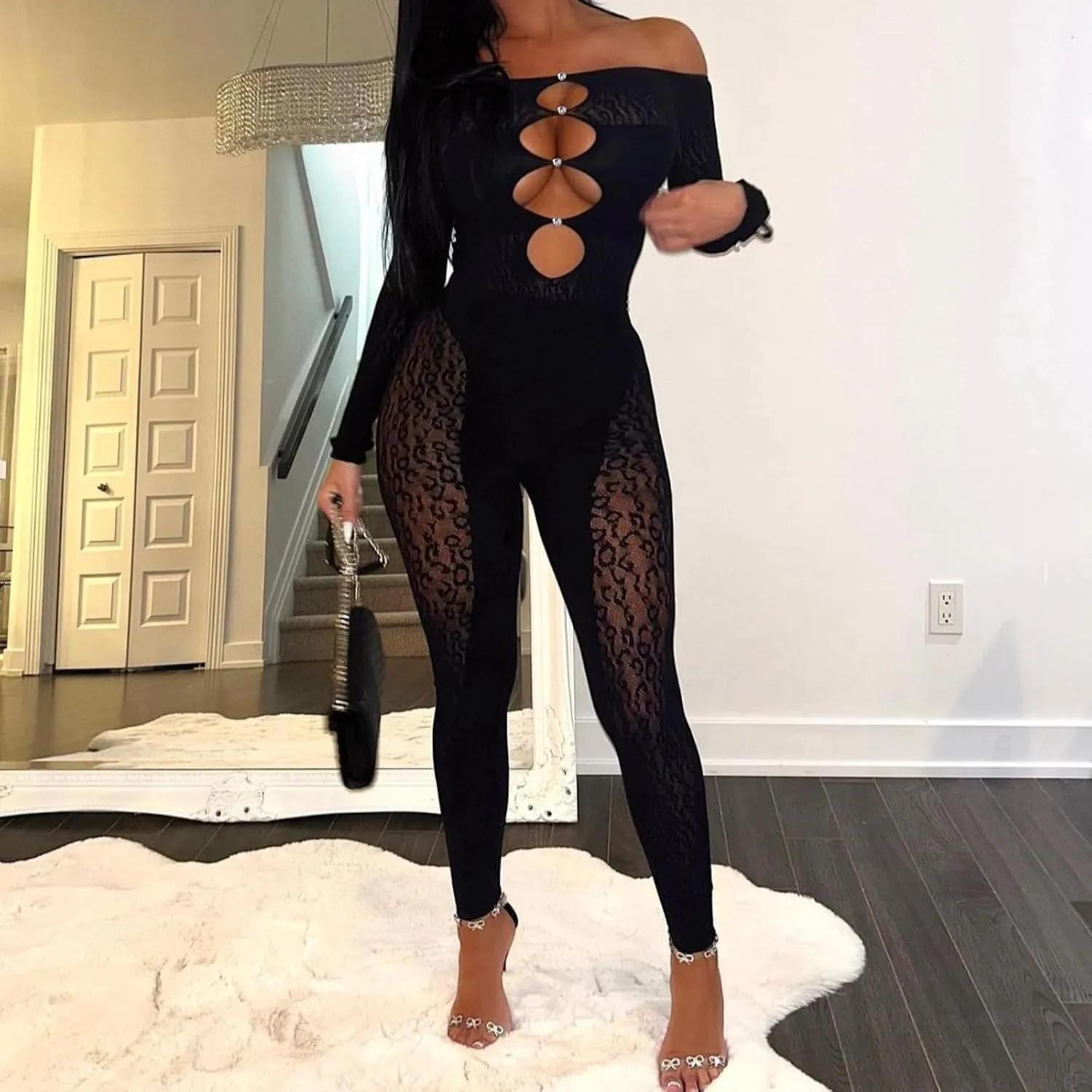 Women's Sexy Long Sleeve Bodycon Romper Hollow Jumpsuit See Through Sheer Mesh One Shoulder Party
