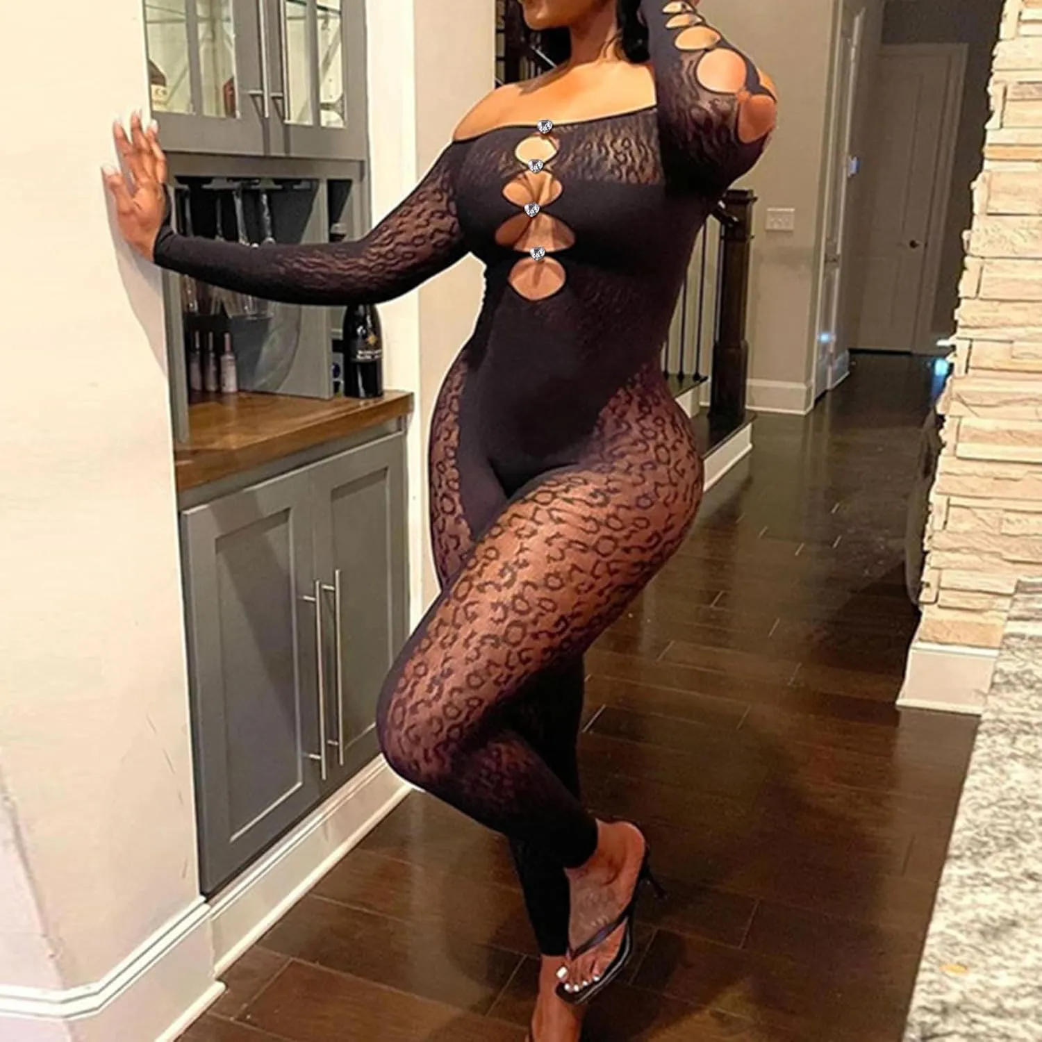 Women's Sexy Long Sleeve Bodycon Romper Hollow Jumpsuit See Through Sheer Mesh One Shoulder Party