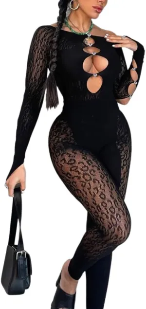 Women's Sexy Long Sleeve Bodycon Romper Hollow Jumpsuit See Through Sheer Mesh One Shoulder Party