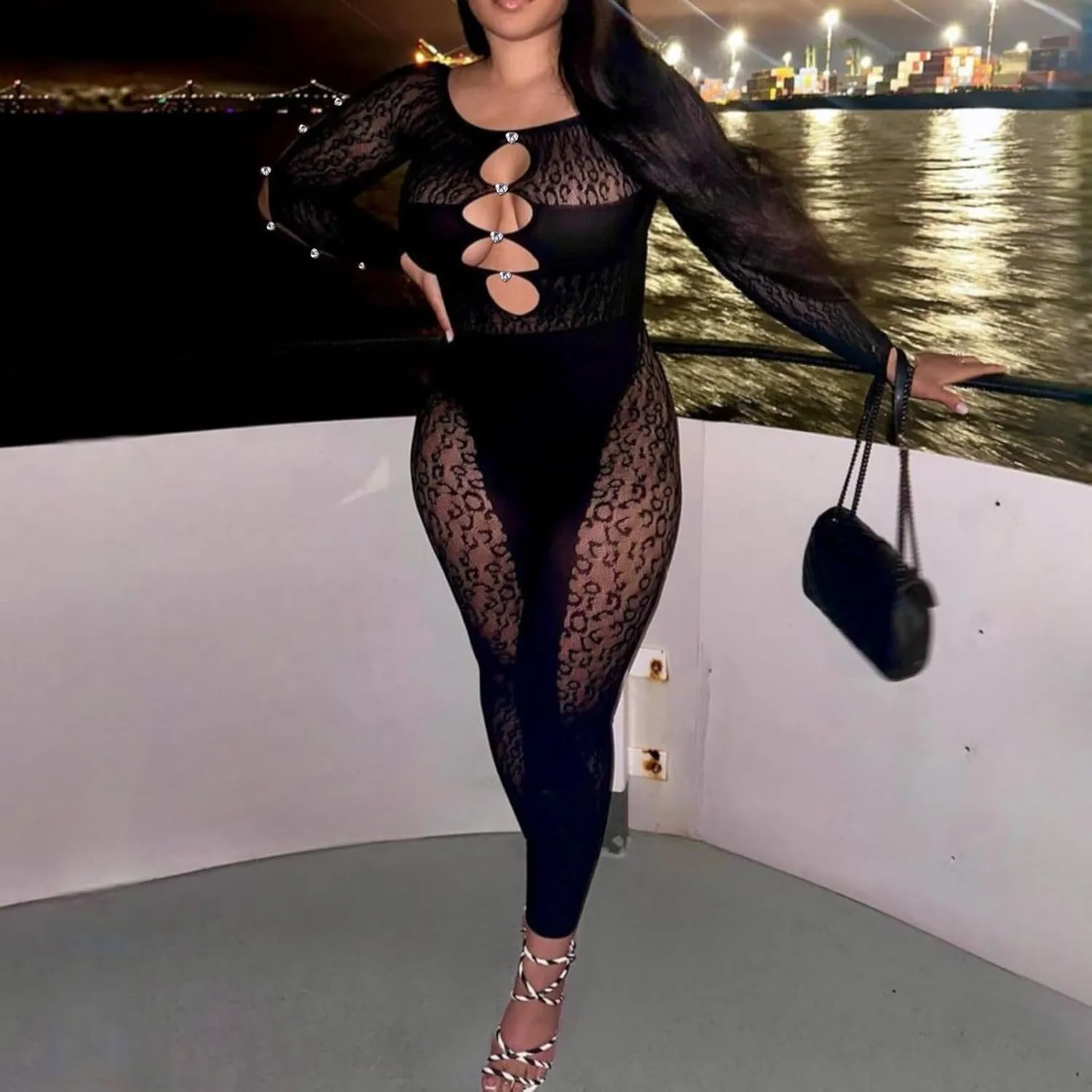 Women's Sexy Long Sleeve Bodycon Romper Hollow Jumpsuit See Through Sheer Mesh One Shoulder Party