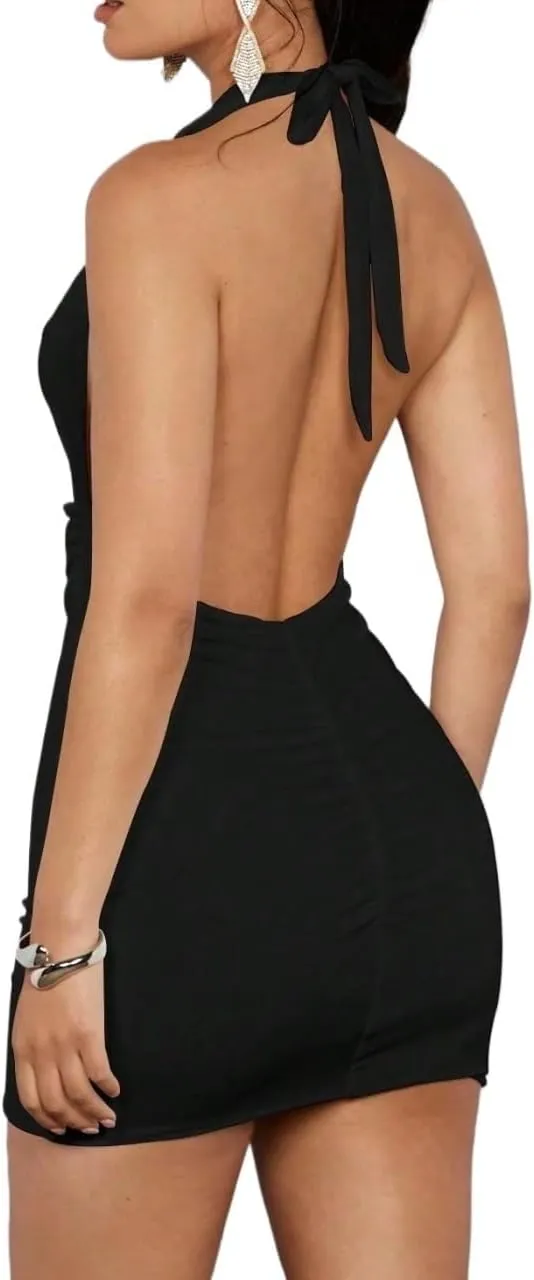 Women's Solid Color Backless Ruched Sleeveless Dress Fashion Short Dresses for Women