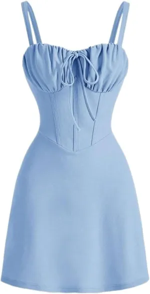 Women's Solid Color Pleated Front Tie Strap Sleeveless Dress Fashion Short Cami Dresses for Women