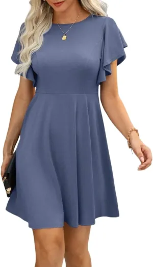 Women's Solid Color Round Neck Casual Ruffle Short Sleeve Mini Dress Fashion Dresses for Women