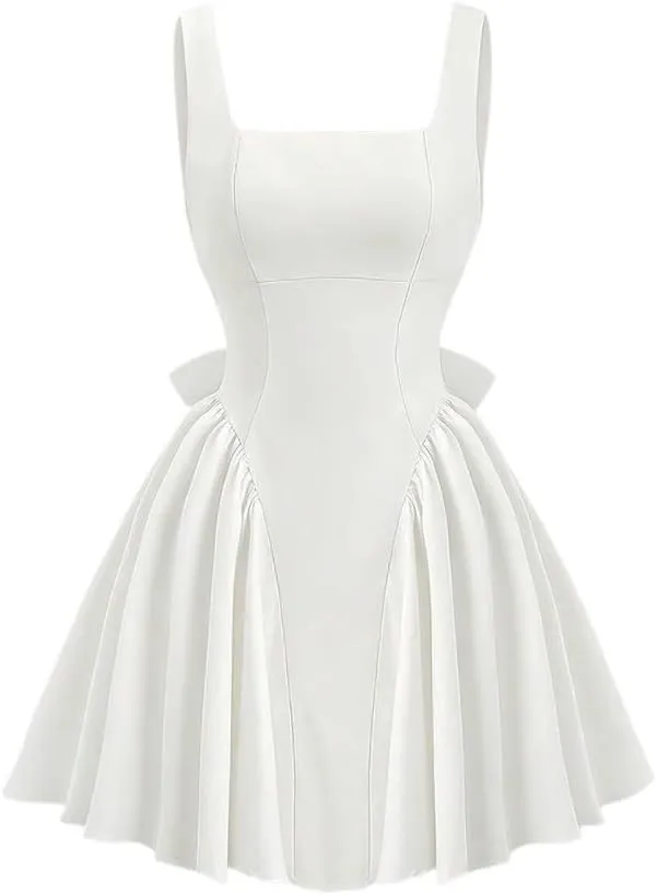 Women's Square Neck Backless Big Bowknot Solid Color Summer Dress Fashion Short Dresses for Women