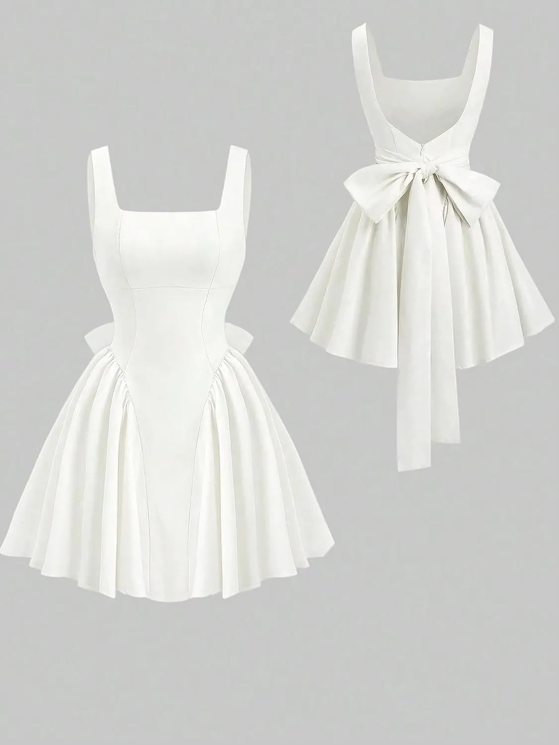 Women's Square Neck Backless Big Bowknot Solid Color Summer Dress Fashion Short Dresses for Women