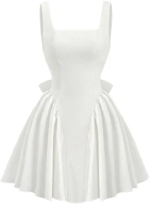 Women's Square Neck Backless Big Bowknot Solid Color Summer Dress Fashion Short Dresses for Women