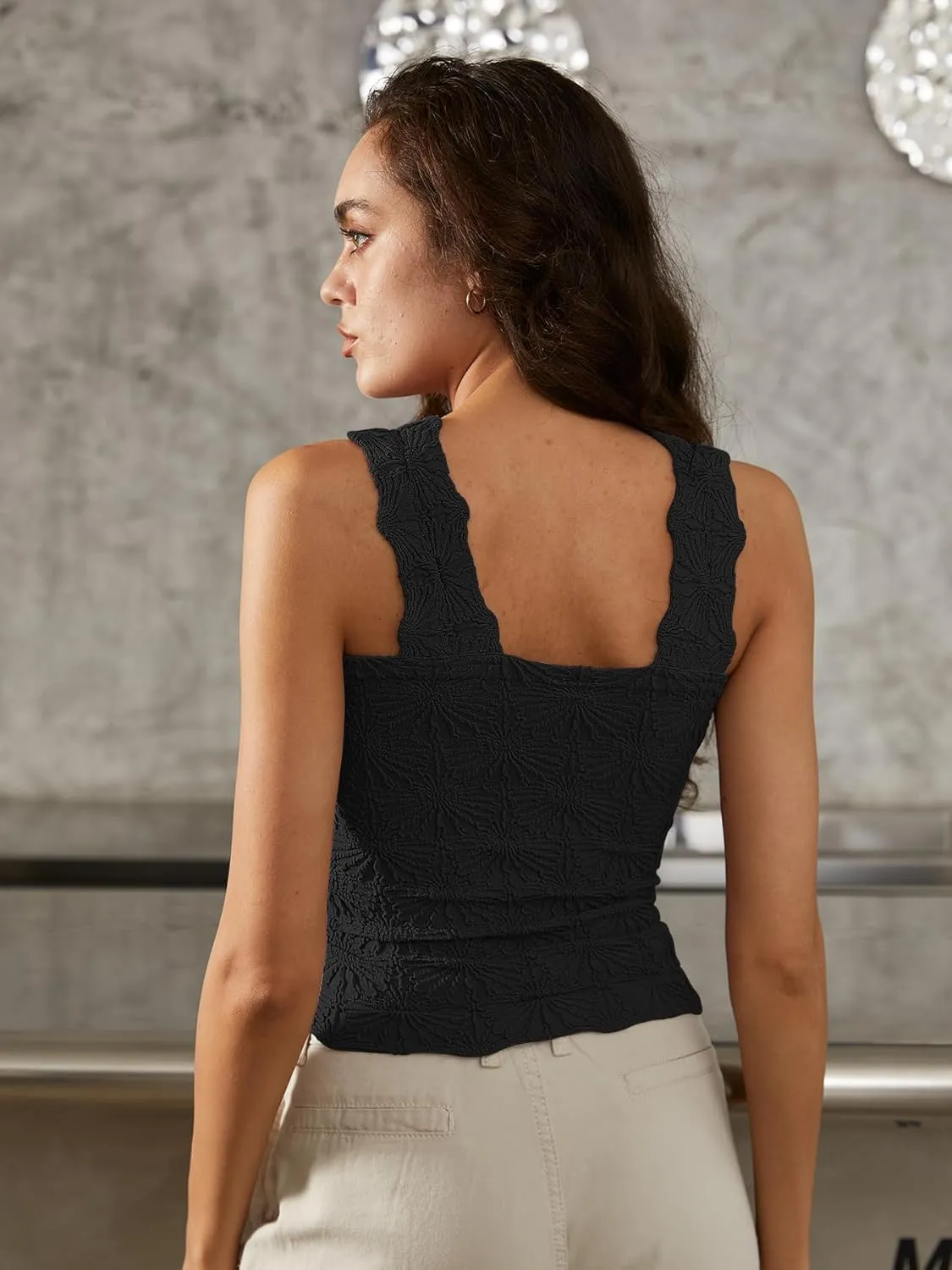 Women's Square Neck Seamless Wide Strap Crop Tank Tops,Slim Fit Flower Lettuce Trim Crop Cami Tops, Love Letter Cami