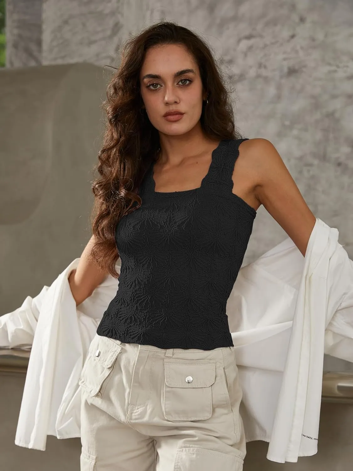 Women's Square Neck Seamless Wide Strap Crop Tank Tops,Slim Fit Flower Lettuce Trim Crop Cami Tops, Love Letter Cami