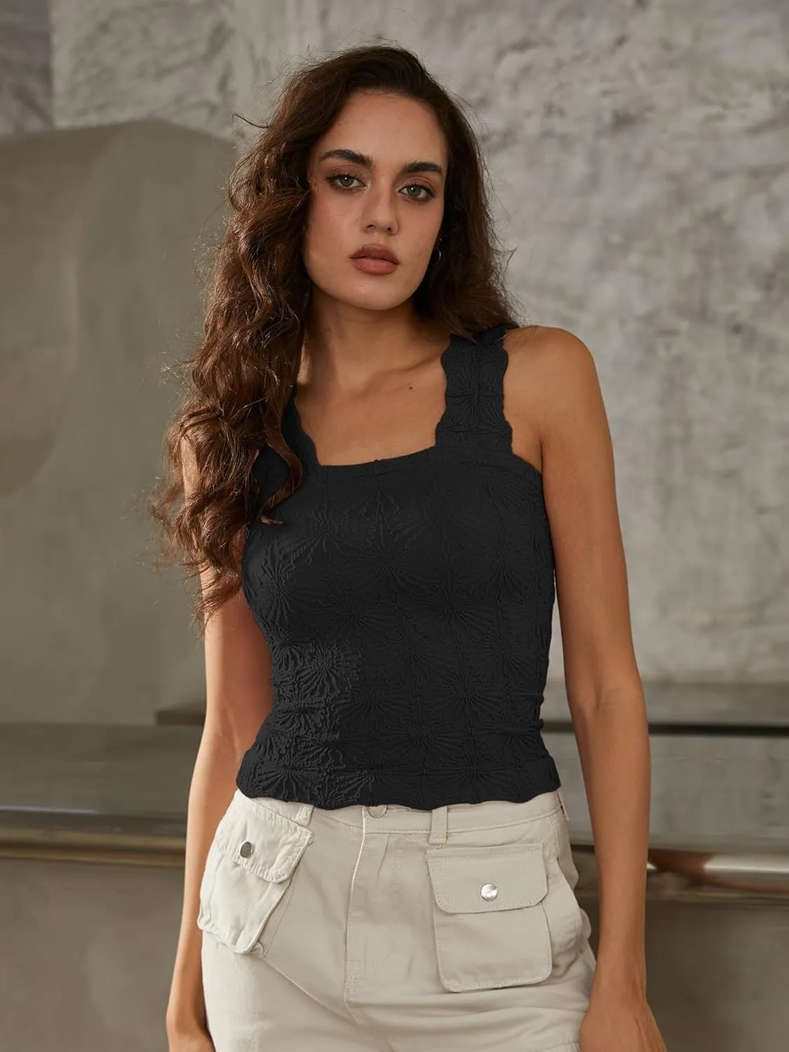 Women's Square Neck Seamless Wide Strap Crop Tank Tops,Slim Fit Flower Lettuce Trim Crop Cami Tops, Love Letter Cami