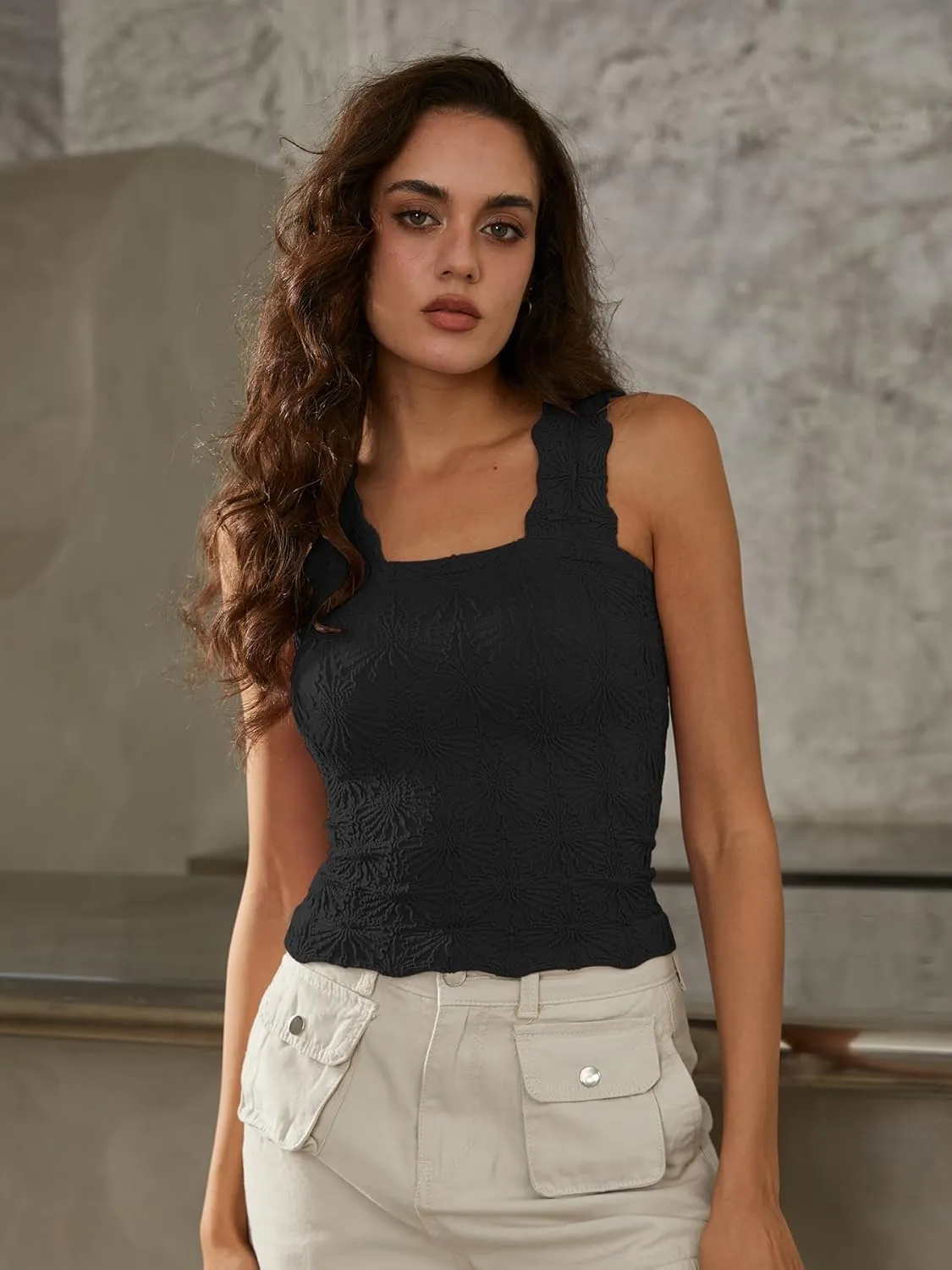 Women's Square Neck Seamless Wide Strap Crop Tank Tops,Slim Fit Flower Lettuce Trim Crop Cami Tops, Love Letter Cami